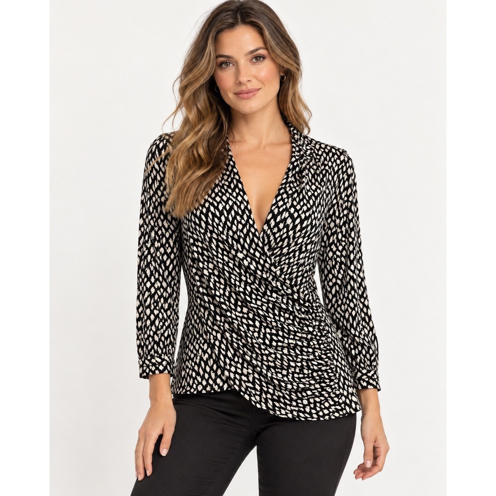 Chaus New York Black White Abstract Surplice Wrap Top Size M